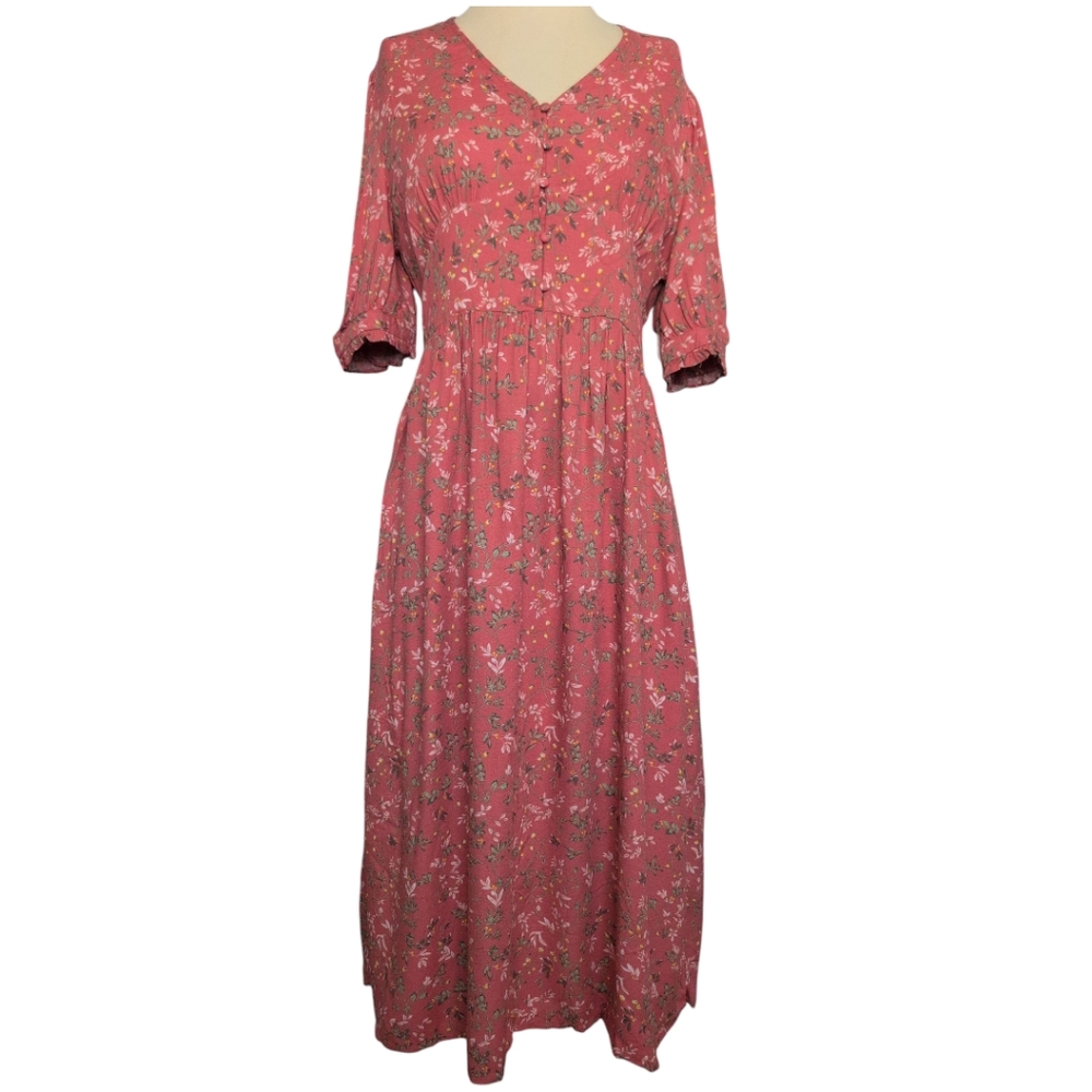 Consigned - Time and Tru Floral Bohemian Flowy Midi Dress With Smocked Backing